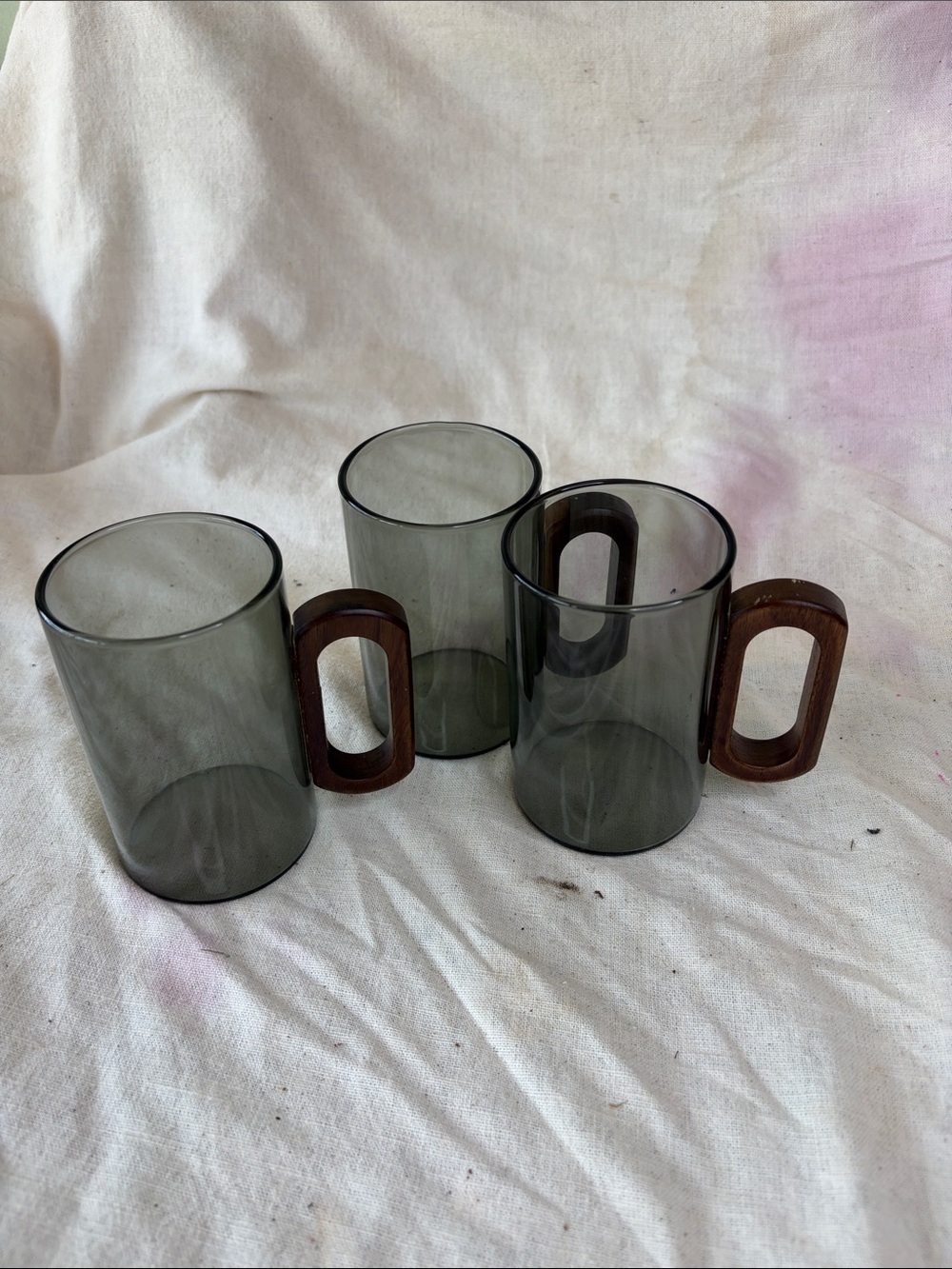 Smoked Glass Mugs with Brown Wood Handles - Set of 3
